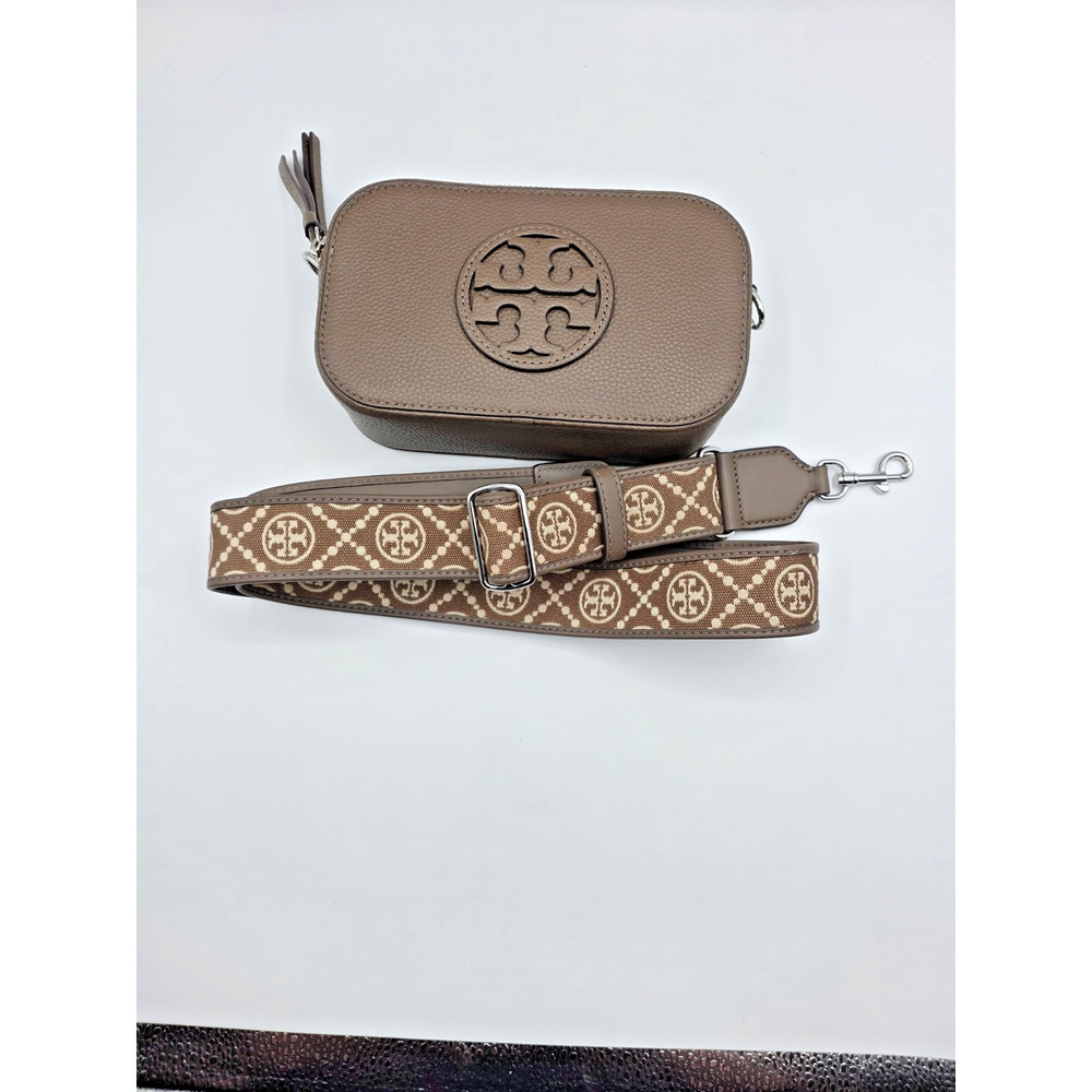 Tory Burch Mini Miller Leather Crossbody Bag w Web Strap in Wild Mushroom Color